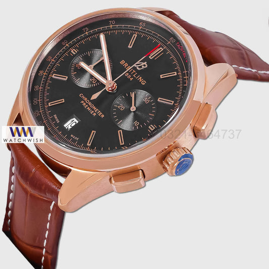 LATEST COLLECTION CHRONOGRAPH ROSE GOLD CASE WITH BLACK DIAL & BROWN LEATHER STRAP