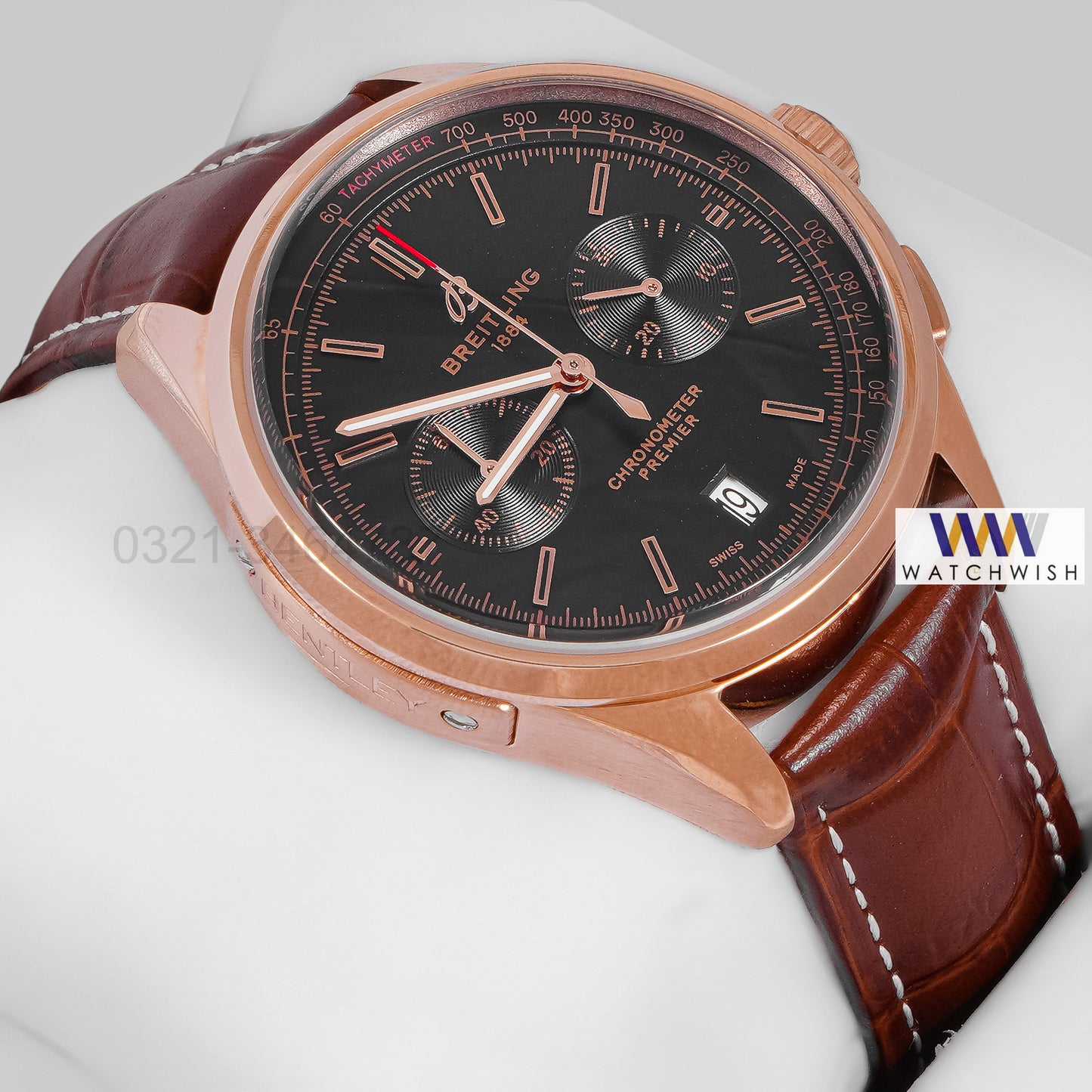 LATEST COLLECTION CHRONOGRAPH ROSE GOLD CASE WITH BLACK DIAL & BROWN LEATHER STRAP