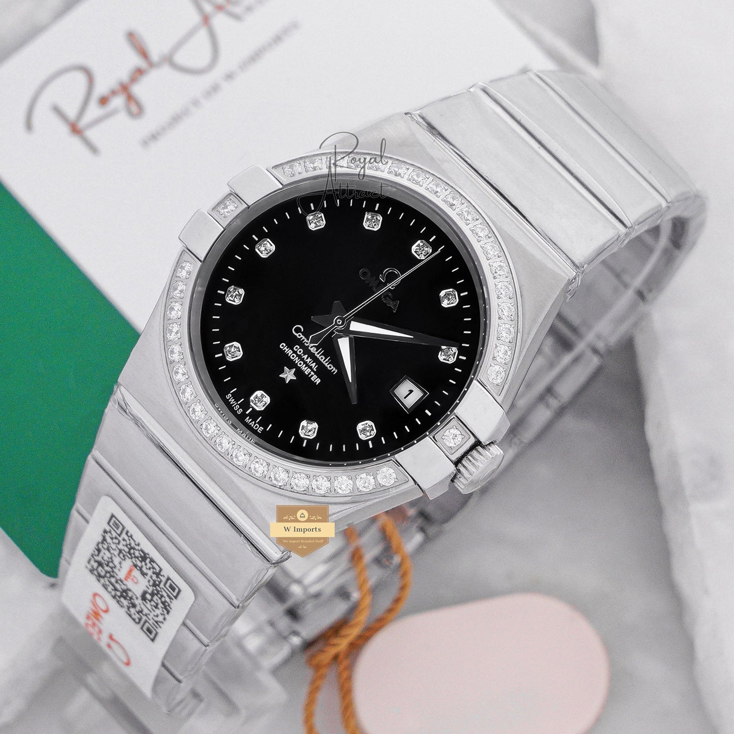 Latest Collection Silver With Black Dial Stone Bezel Chain Watch