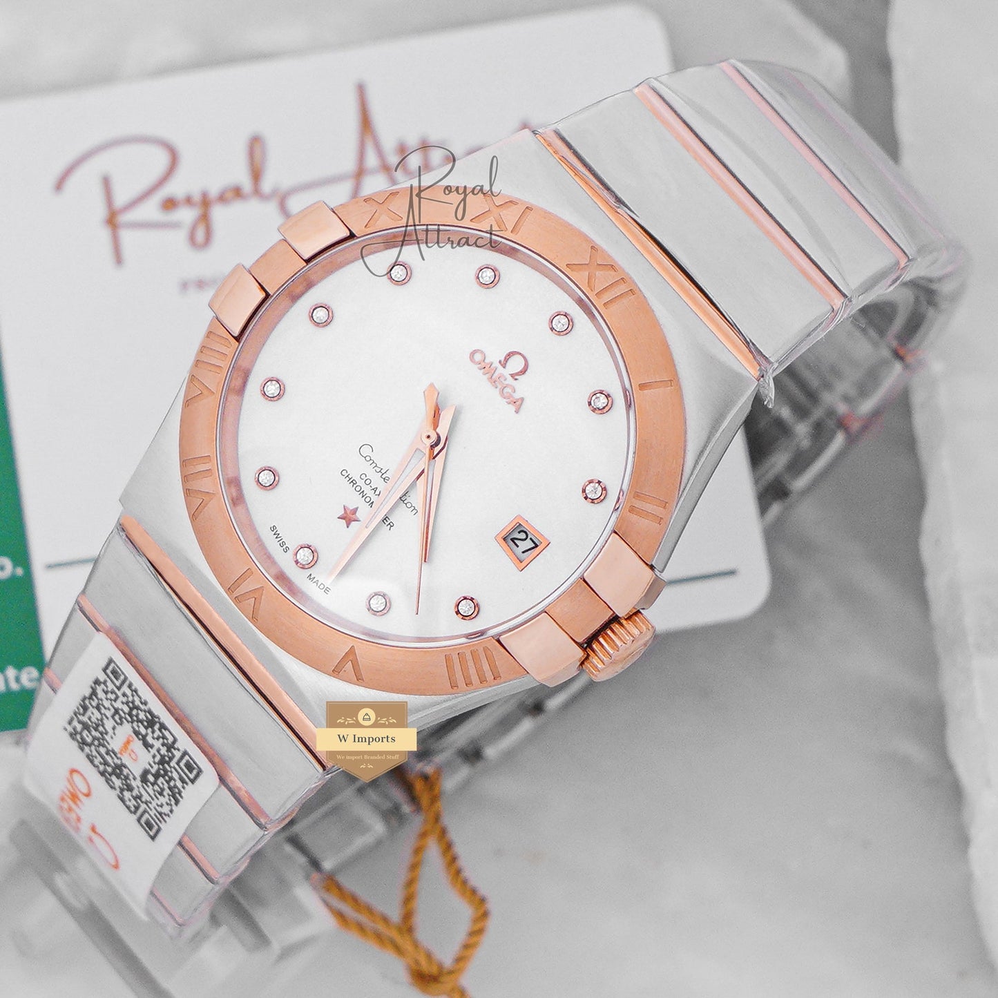 Latest Collection Two Tone Rose Gold With Marble Dial & Stone Figure