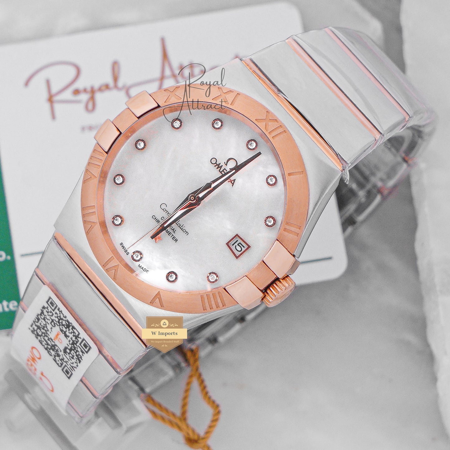 Latest Collection Two Tone Rose Gold With Marble Dial & Stone Figure