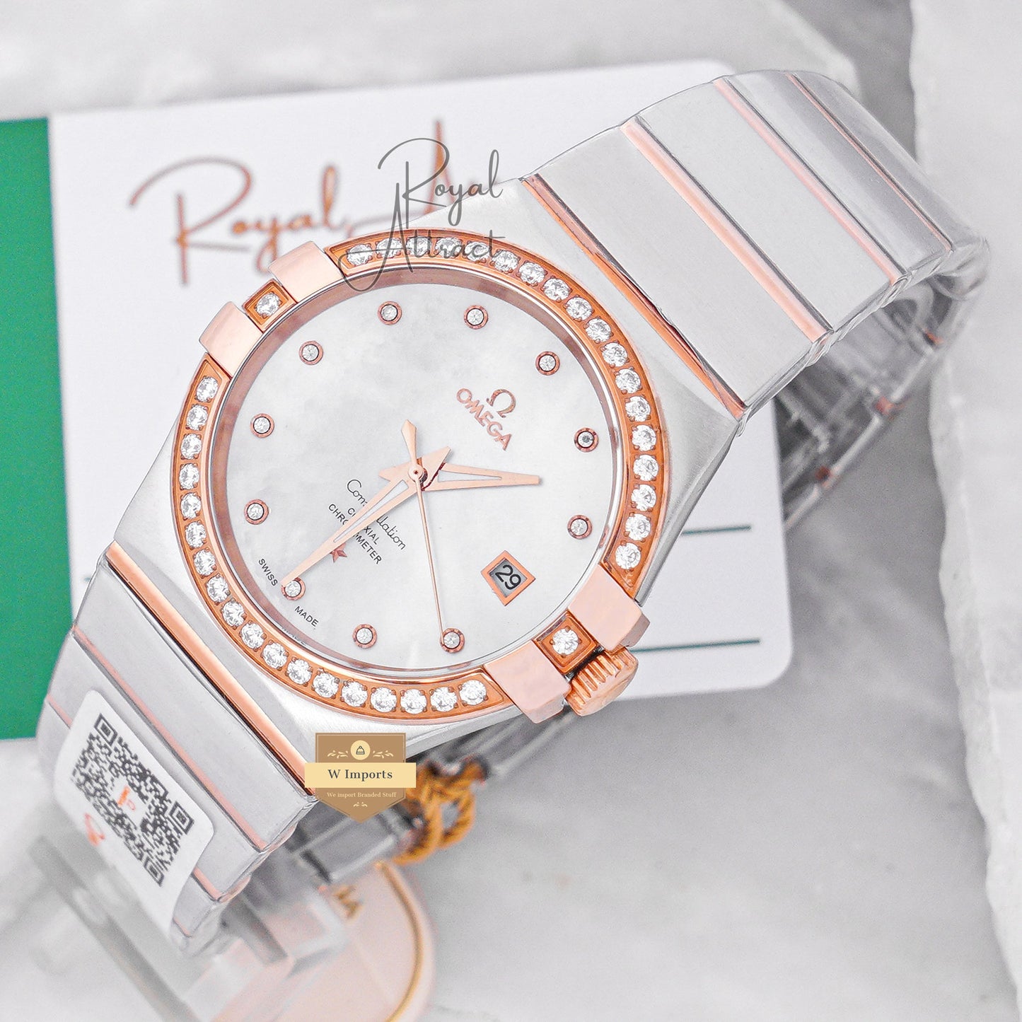 Latest Collection Two Tone Rose Gold With Marble Dial Stone Figure & Bezel