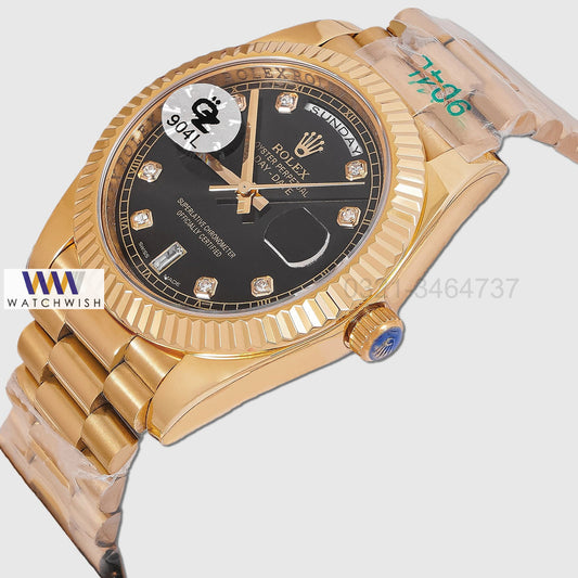 LATEST COLLECTION 40 YELLOW GOLD WITH BLACK DIAL FLUTED BEZEL AUTOMATIC WATCH OZ MADE