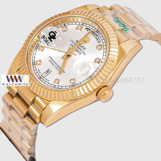 LATEST COLLECTION 40 YELLOW GOLD WITH SILVER DIAL FLUTED BEZEL AUTOMATIC WATCH OZ MADE