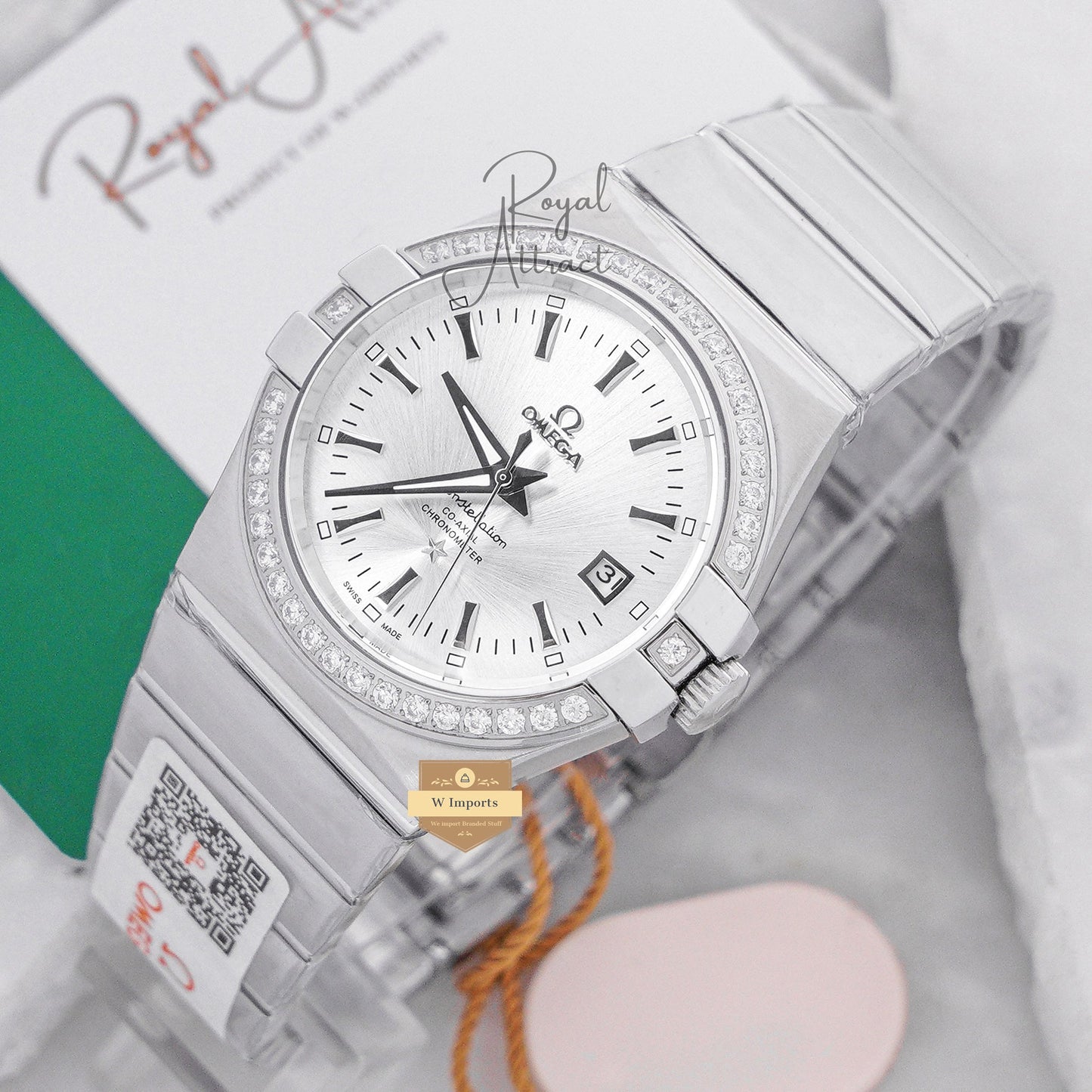 Latest Collection Silver With White Texture Dial Stone Bezel Chain Watch