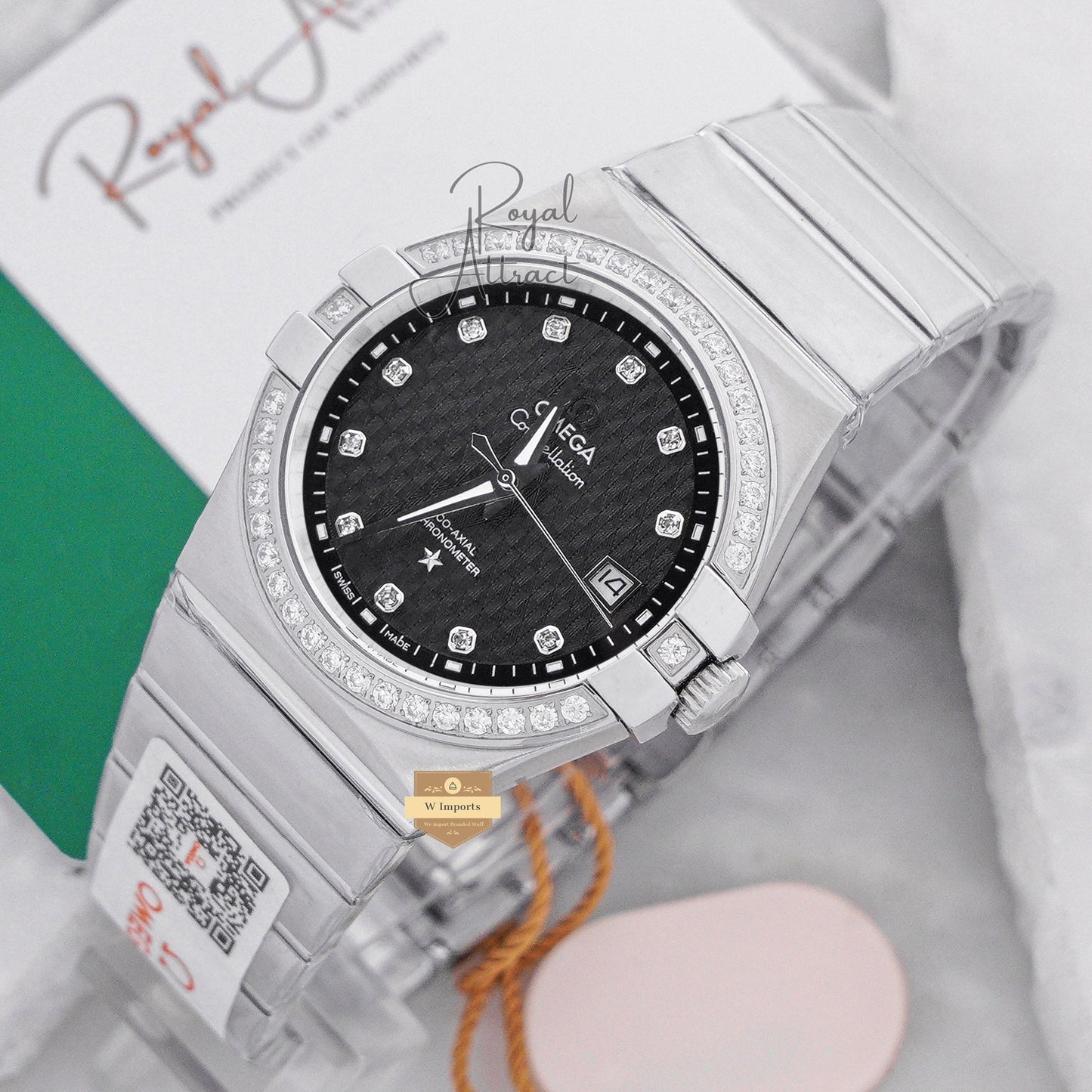 Latest Collection Silver With Black Texture Dial Stone Bezel Chain Watch