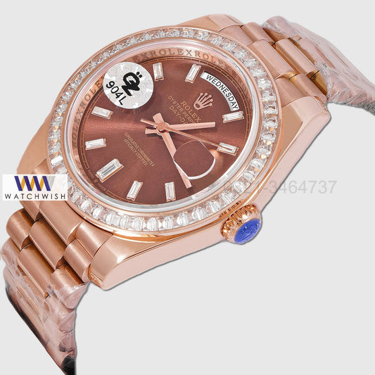 LATEST COLLECTION 40 ROSE GOLD WITH BROWN DIAL STONE BEZEL AUTOMATIC WATCH OZ MADE