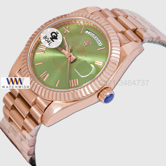 LATEST COLLECTION 40 ROSE GOLD WITH GREEN DIAL ROMAN FIGURE AUTOMATIC WATCH OZ MADE