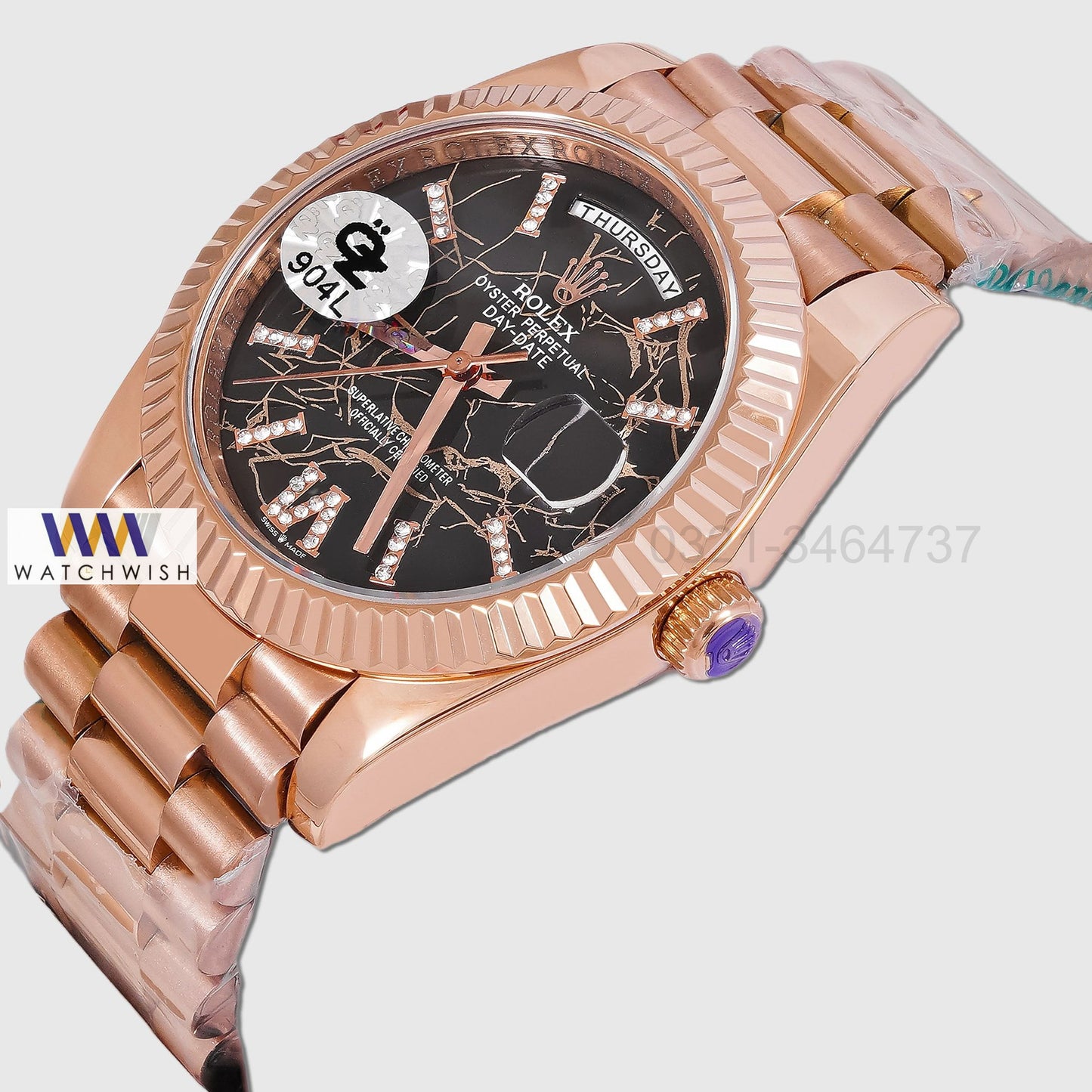 LATEST COLLECTION 40 ROSE GOLD WITH BLACK DIAL STONE FIGURE AUTOMATIC WATCH OZ MADE