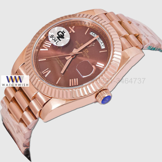 LATEST COLLECTION 40 ROSE GOLD WITH BROWN DIAL ROMAN FIGURE AUTOMATIC WATCH OZ MADE