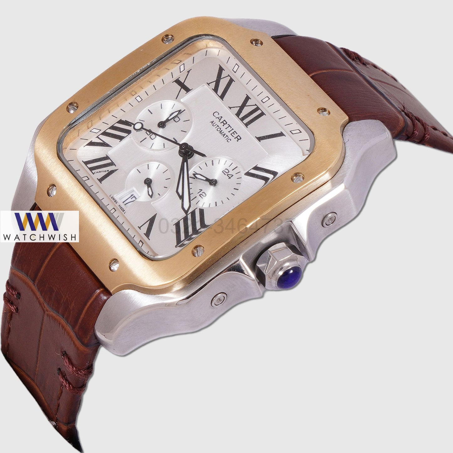 Latest Collection Chronograph Silver Case With Dial Golden Bezel Strap Watch