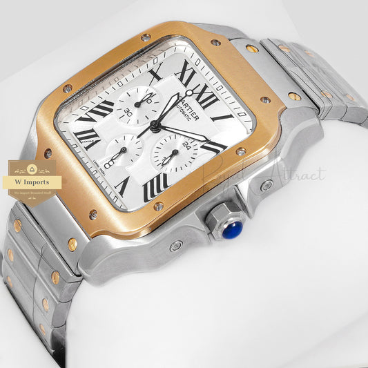 Latest Collection Chronograph Two Tone Yellow Gold With Silver Dial Chain Watch