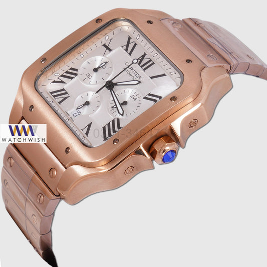 Latest Collection Chronograph Rose Gold With Silver Dial Chain Watch