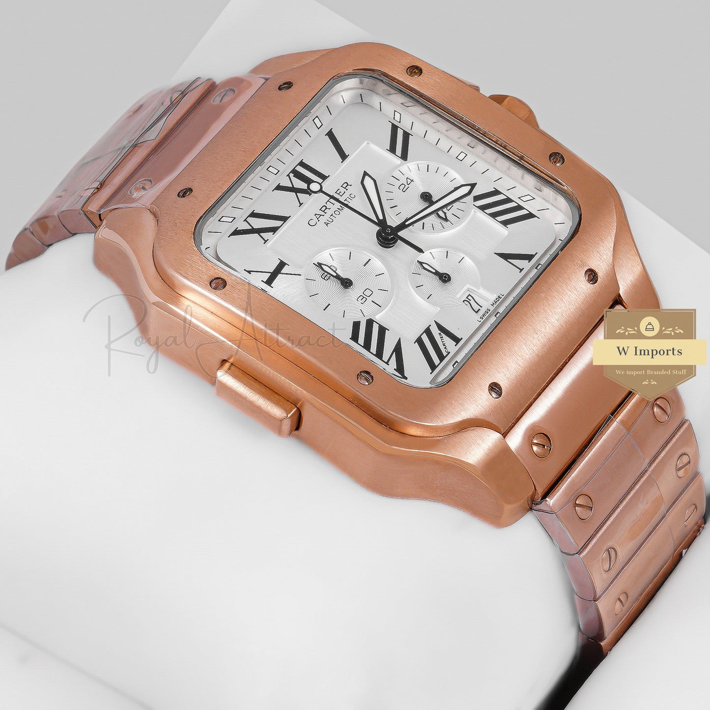 Latest Collection Chronograph Rose Gold With Silver Dial Chain Watch