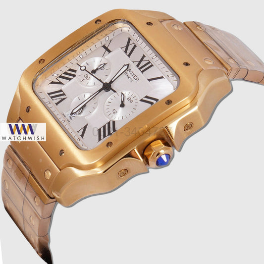 Latest Collection Chronograph Yellow Gold With Silver Dial Chain Watch