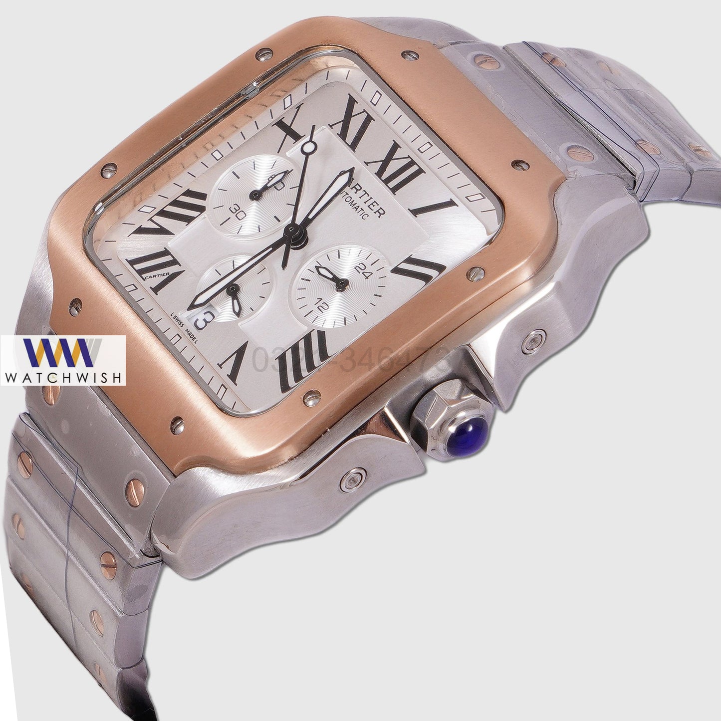 Latest Collection Chronograph Two Tone Rose Gold With Silver Dial Chain Watch