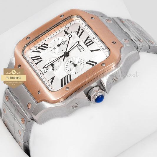 Latest Collection Chronograph Two Tone Rose Gold With Silver Dial Chain Watch