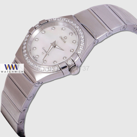 Latest Collection Silver With White Dial Stone Figure & Bezel Ladies Watch