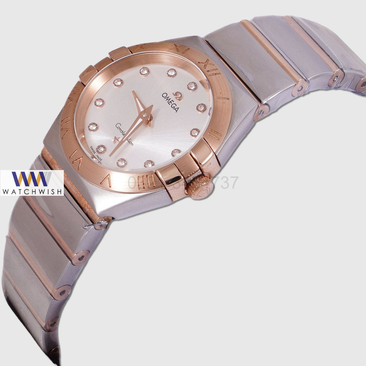 Latest Collection Two Tone Rose Gold With Silver Dial Stone Figure Ladies Watch