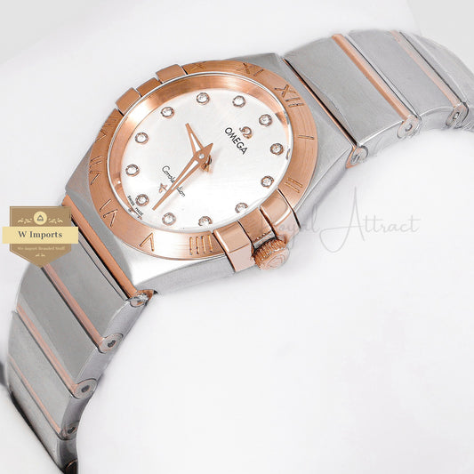 Latest Collection Two Tone Rose Gold With Silver Dial Stone Figure Ladies Watch