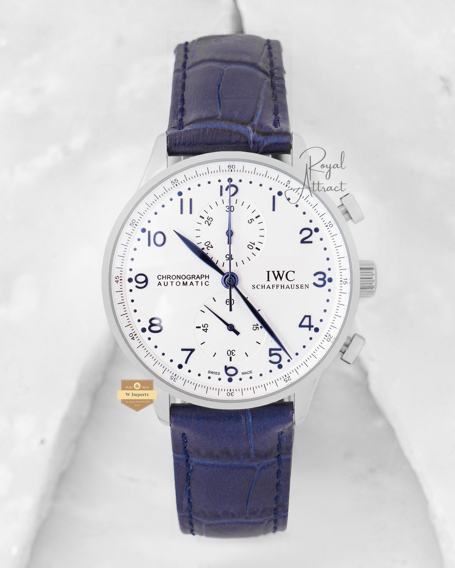 Latest Collection Chronograph Silver Case With White Dial & Blue Leather Strap