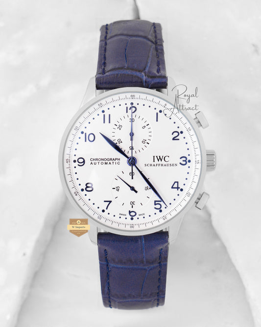Latest Collection Chronograph Silver Case With White Dial & Blue Leather Strap