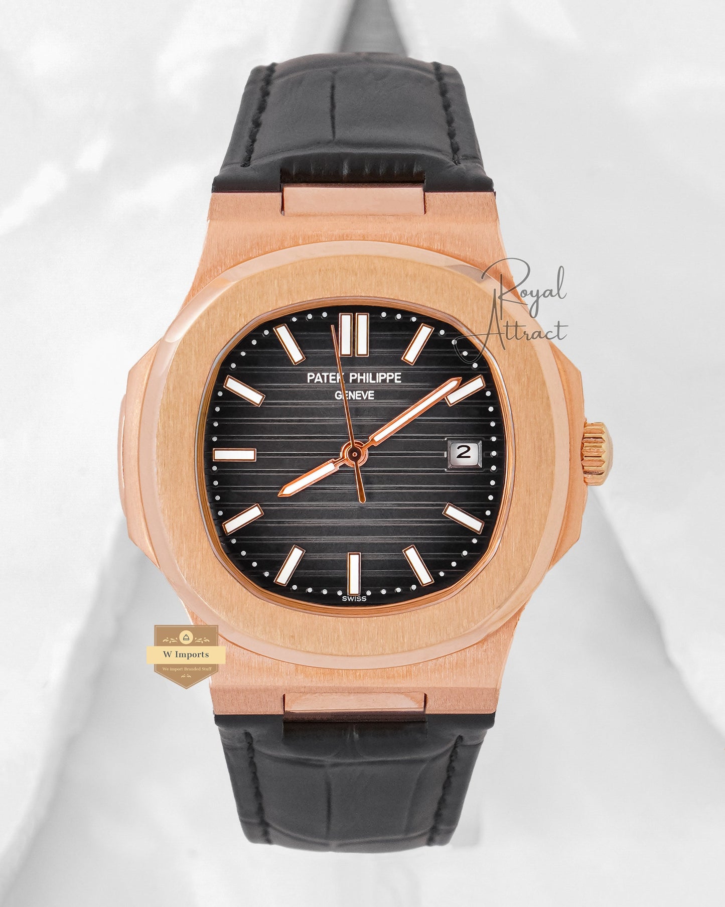 Latest Collection Rose Gold Case With Charcoal Gray Dial & Leather Strap