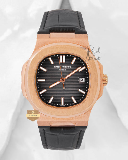 Latest Collection Rose Gold Case With Charcoal Gray Dial & Leather Strap