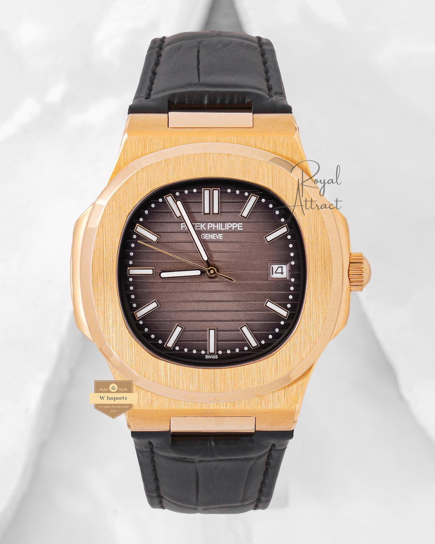 Latest Collection Yellow Gold Case With Charcoal gray Dial & Leather Strap