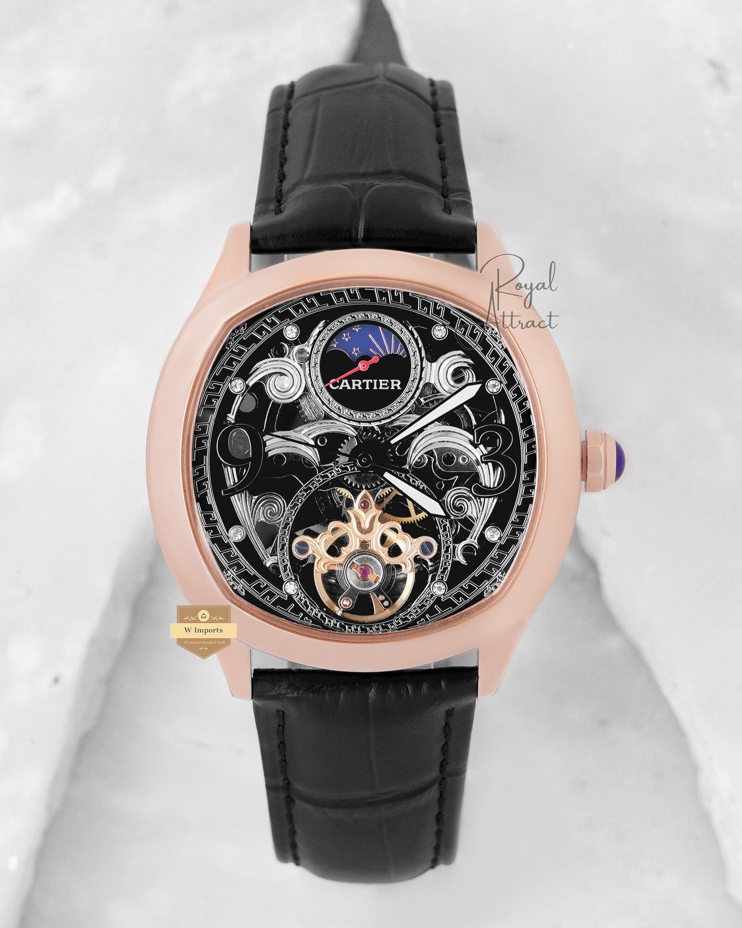 LATEST COLLECTION TOURBILLON MOON PHASE ROSE GOLD CASE WITH BLACK SKELETON DIAL & LEATHER STRAP