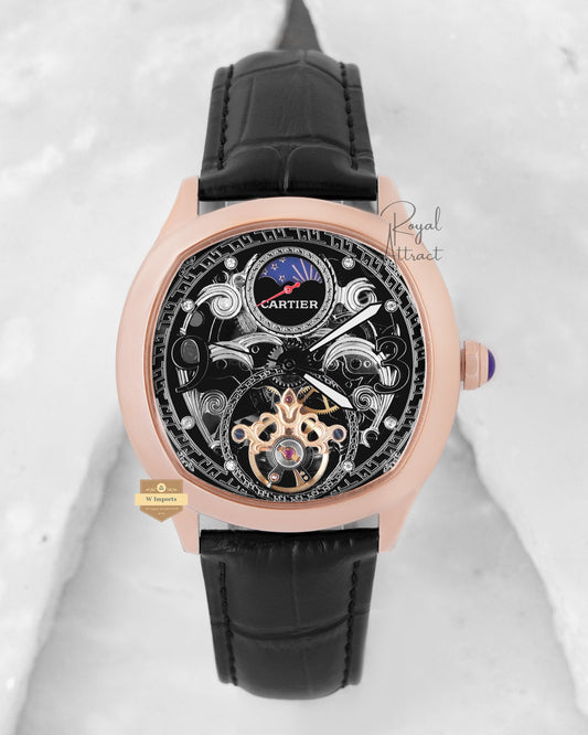 LATEST COLLECTION TOURBILLON MOON PHASE ROSE GOLD CASE WITH BLACK SKELETON DIAL & LEATHER STRAP