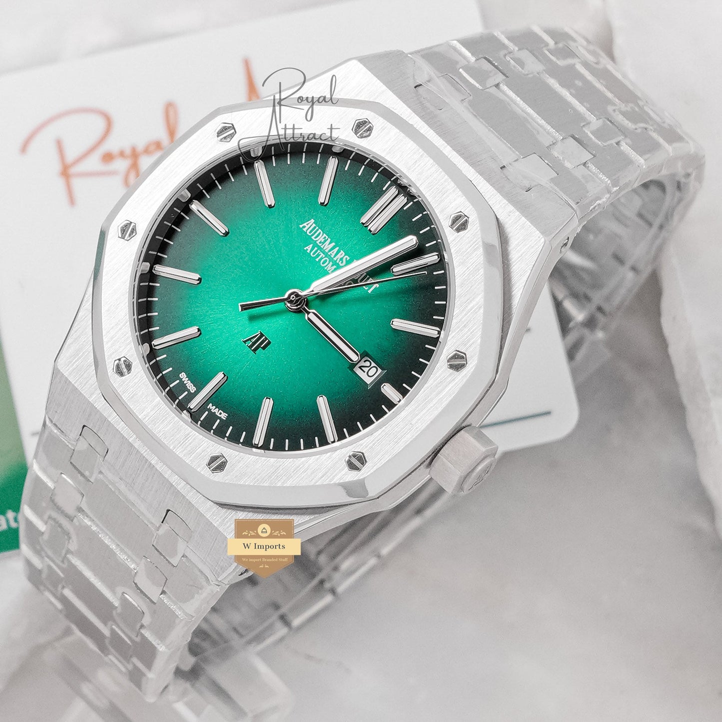 Latest Collection Premium Silver With Green Dial Chain Watch For Men