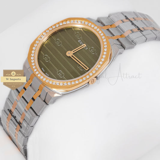 LATEST COLLECTION TWO TONE YELLOW GOLD WITH GREEN DIAL STONE BEZEL LADIES WATCH
