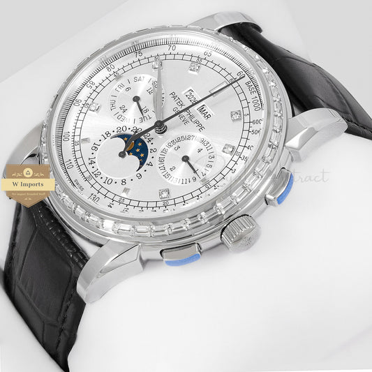 LATEST COLLECTION CHRONOGRAPH SILVER CASE WITH DIAL & BLACK LEATHER STRAP