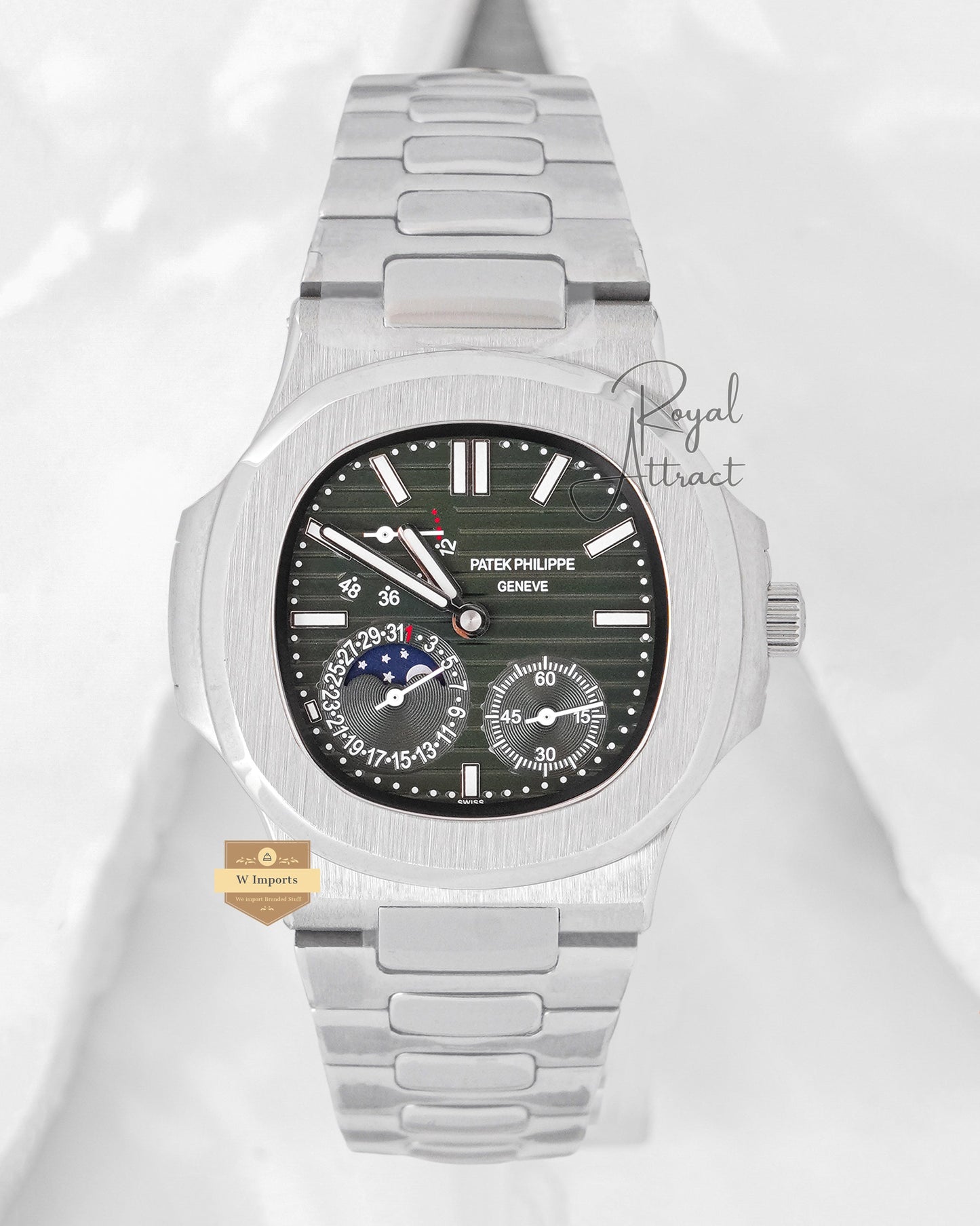 Latest Collection Chronograph Moon Phase Silver With Leafy Green Dial Automatic Watch