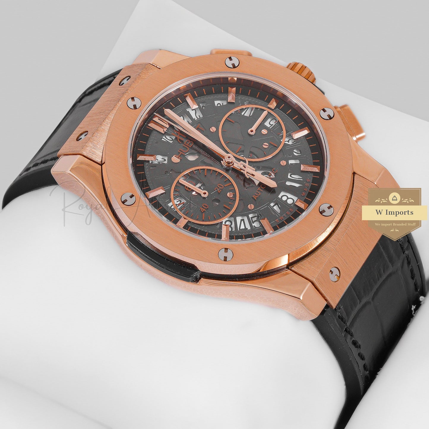 Latest Collection Chronograph Rose Gold Case With Brown Skeleton Dial & Black Leather Strap