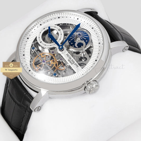 Latest Collection Tourbillon Moon Phase Silver Case With Skeleton Dial & Leather Strap Watch For men