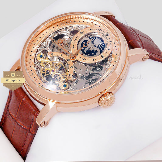 LATEST COLLECTION TOURBILLON MOON PHASE ROSE GOLD CASE WITH SKELETON DIAL & BROWN LEATHER STRAP
