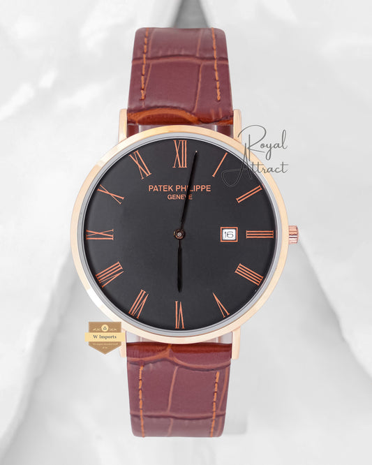 Latest Collection Golden Case With Black Dial & Brown Leather Strap