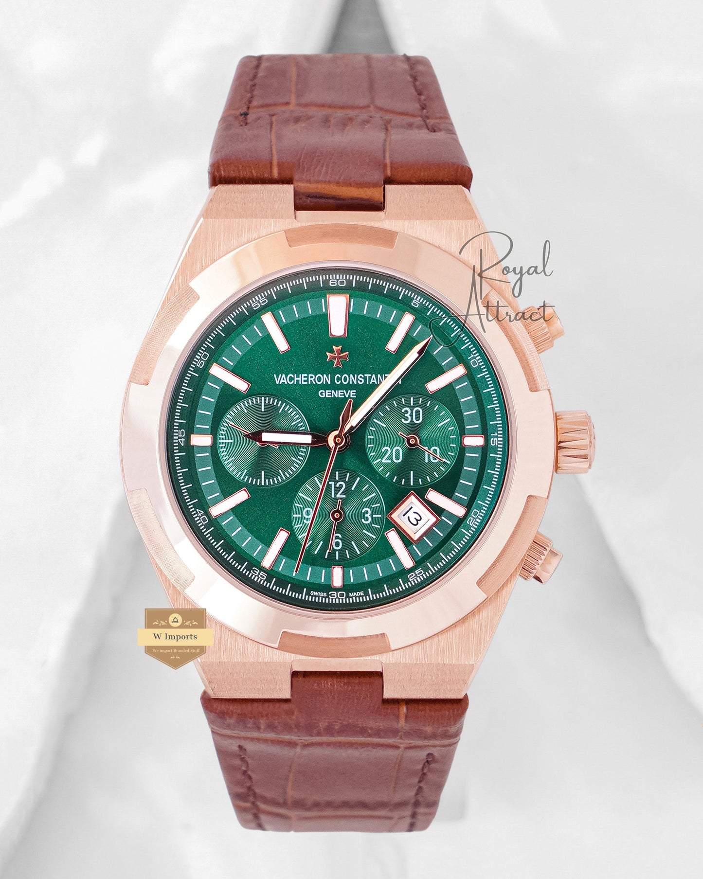 Latest Collection Chronograph Rose Gold Case With Green Dial & Leather Strap