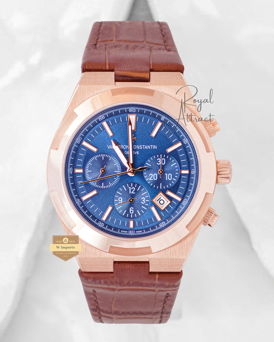 LATEST COLLECTION CHRONOGRAPH ROSE GOLD CASE WITH BLUE DIAL & LEATHER STRAP