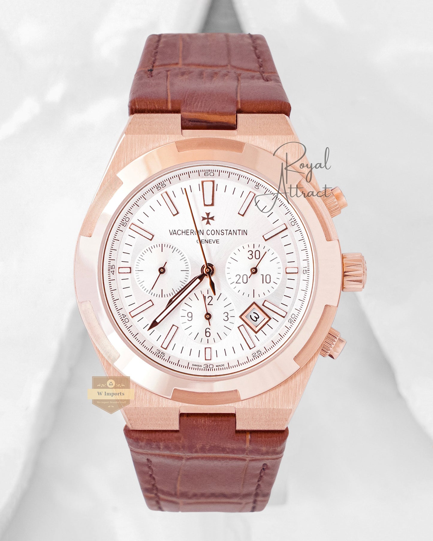 Latest Collection Chronograph Rose Gold Case With White Dial & Leather Strap