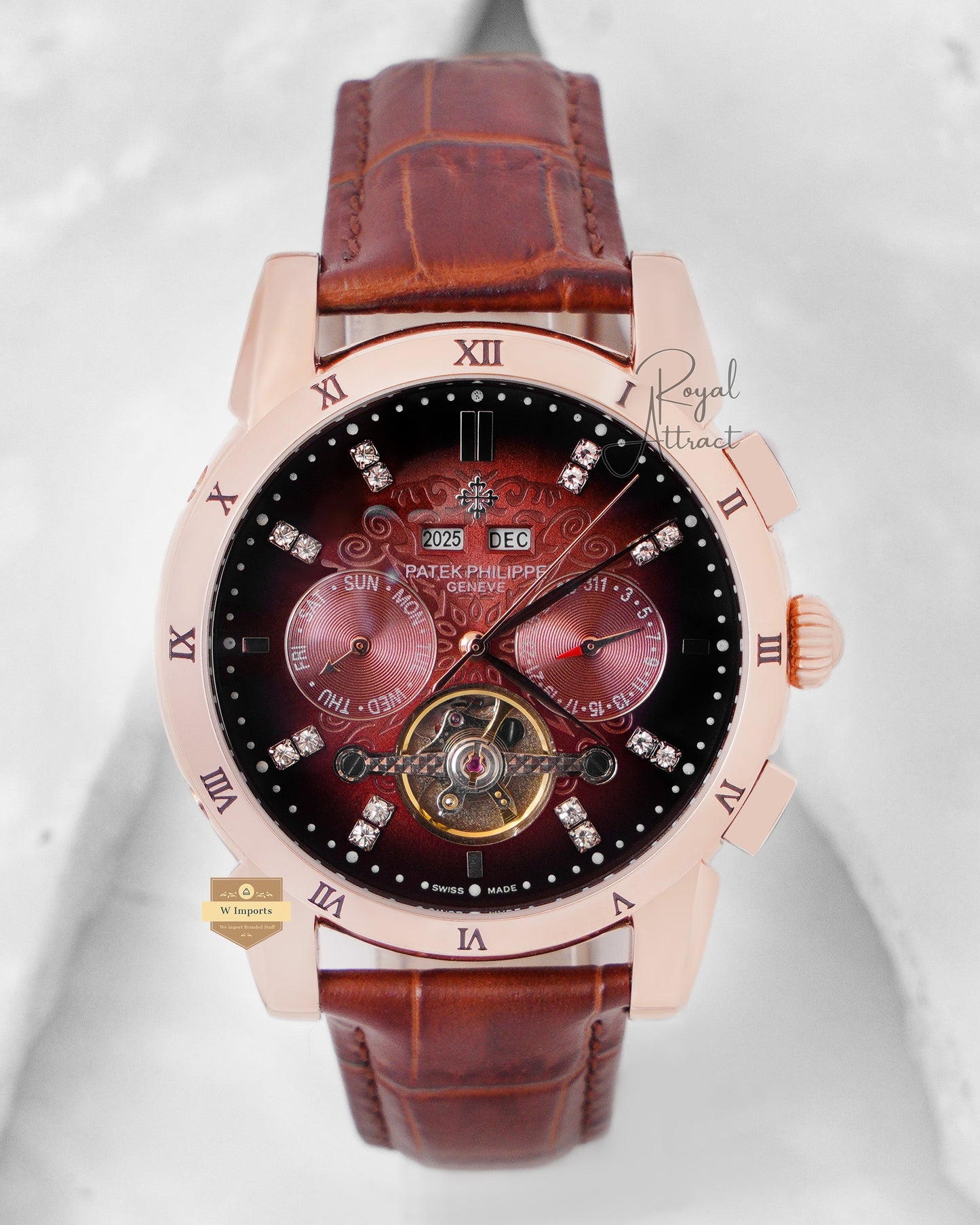 Latest Collection Chronograph Rose Gold Case With Brown Dial & Leather Strap For Men