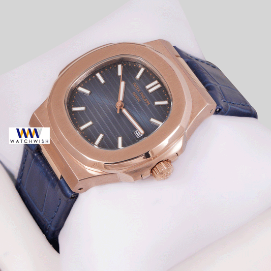 Latest Collection Rose Gold Case With Blue Dial & Leather Strap