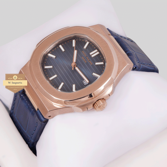 Latest Collection Rose Gold Case With Blue Dial & Leather Strap