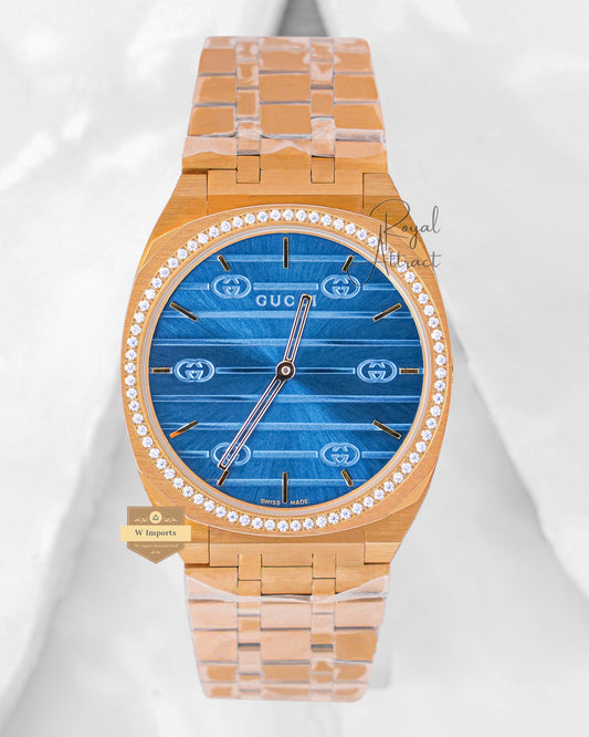 Latest Collection Yellow Gold With Blue Dial Stone Bezel Chain Watch