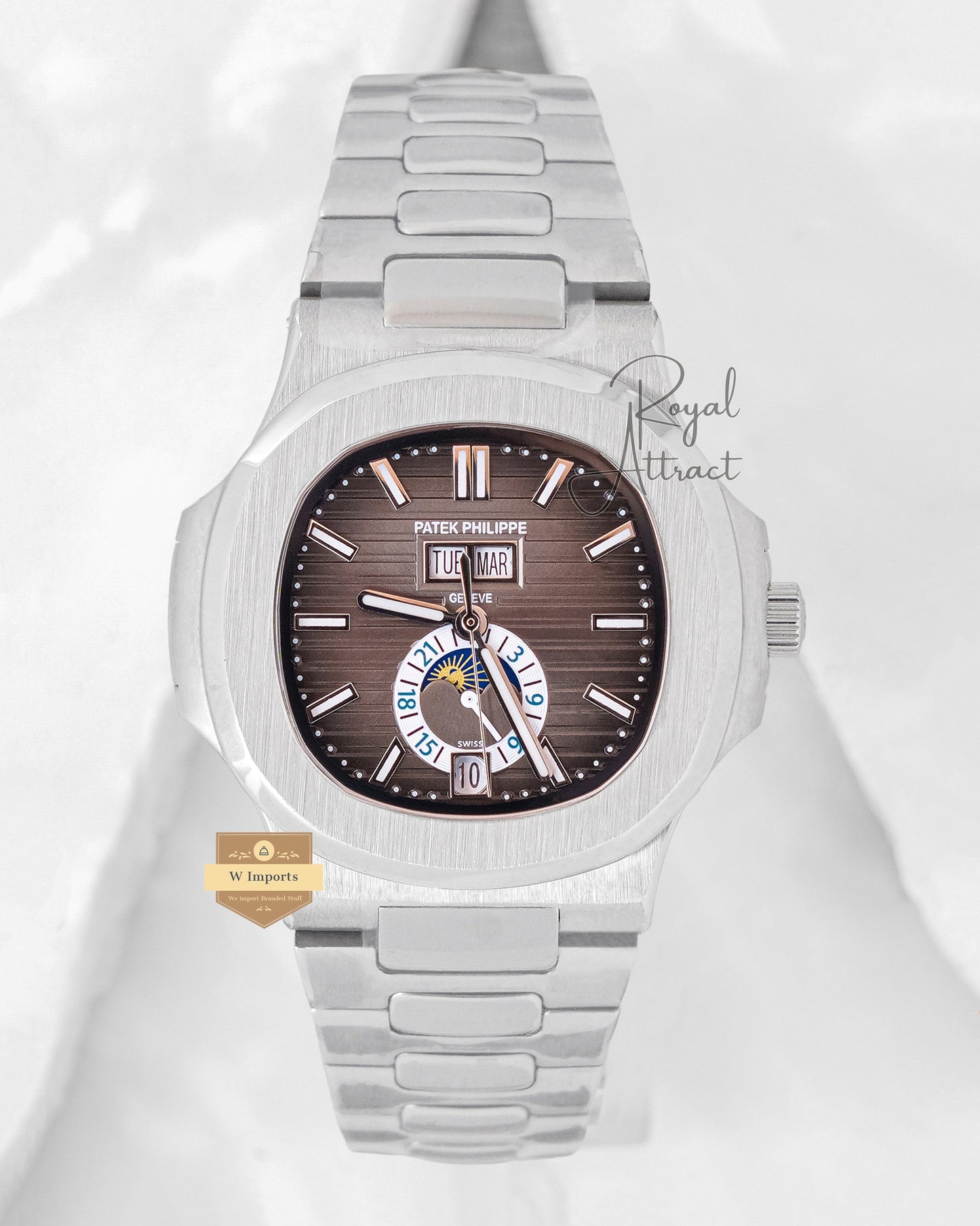 LATEST COLLECTION ANNUAL CALENDAR MOON PHASE SILVER WITH GRAY DIAL