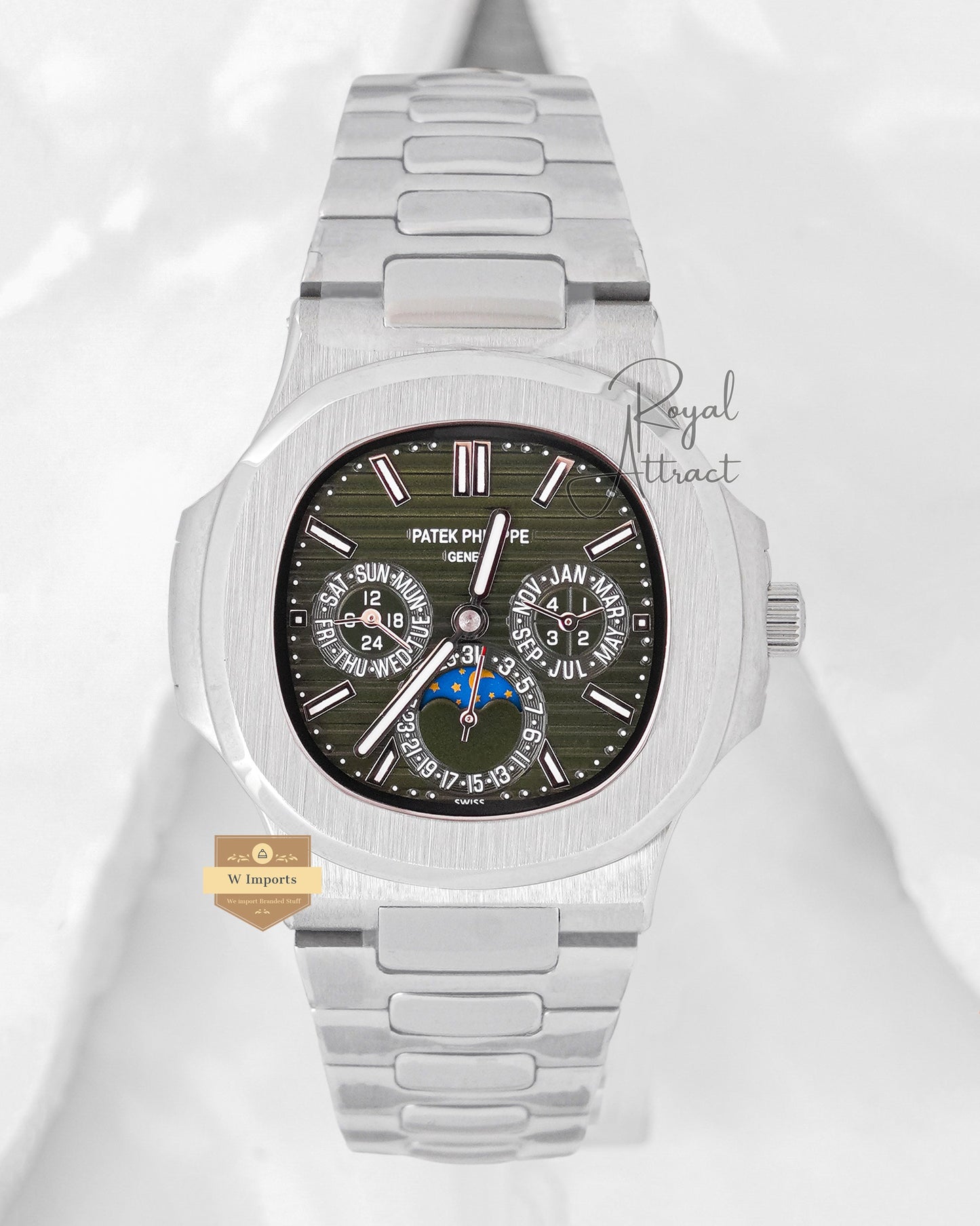Latest Collection Moon Phase Chronograph Silver Case With Green Dial Automatic Watch