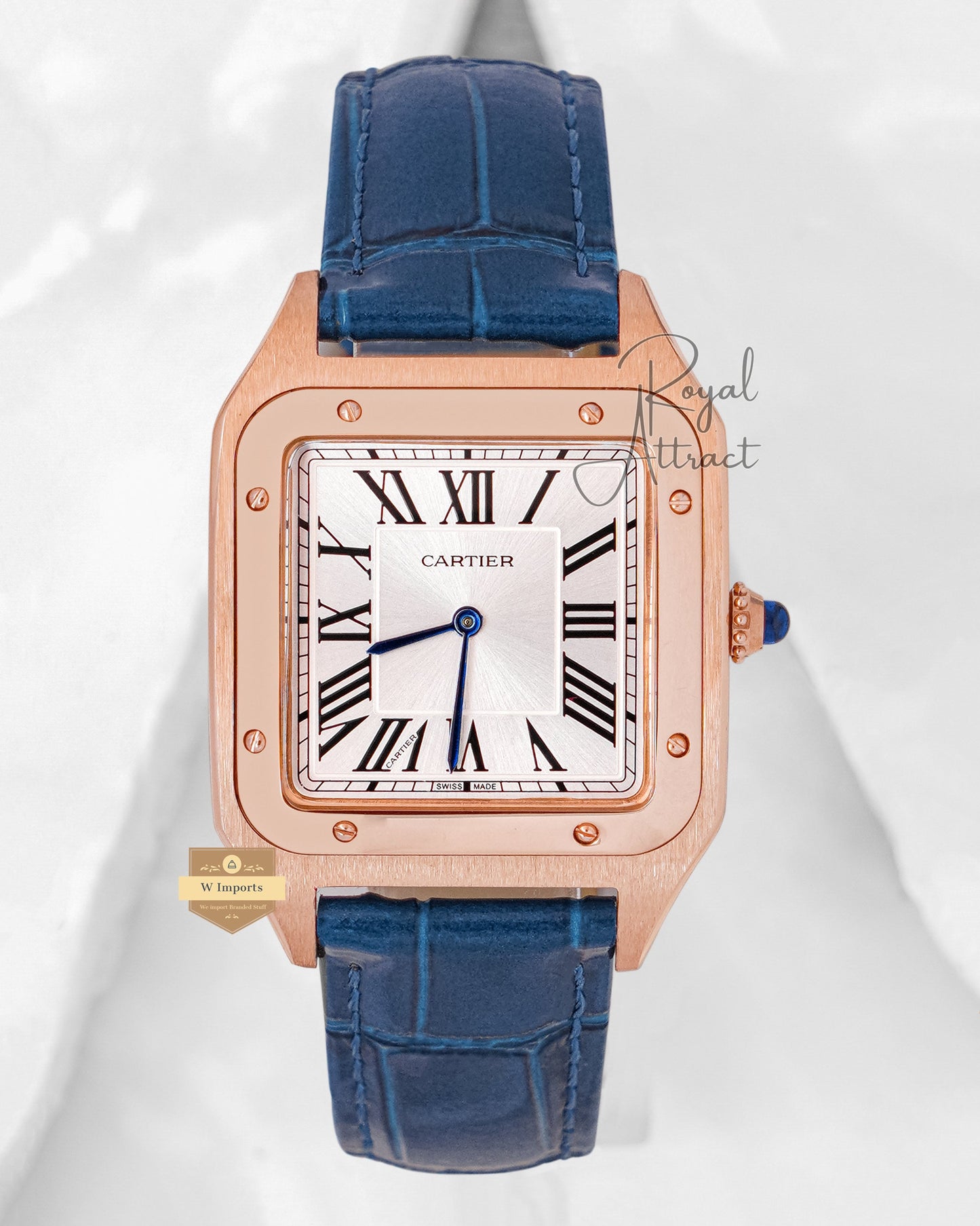LATEST COLLECTION ROSE GOLD CASE WITH SILVER DIAL & BLUE LEATHER STRAP
