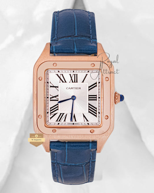 LATEST COLLECTION ROSE GOLD CASE WITH SILVER DIAL & BLUE LEATHER STRAP